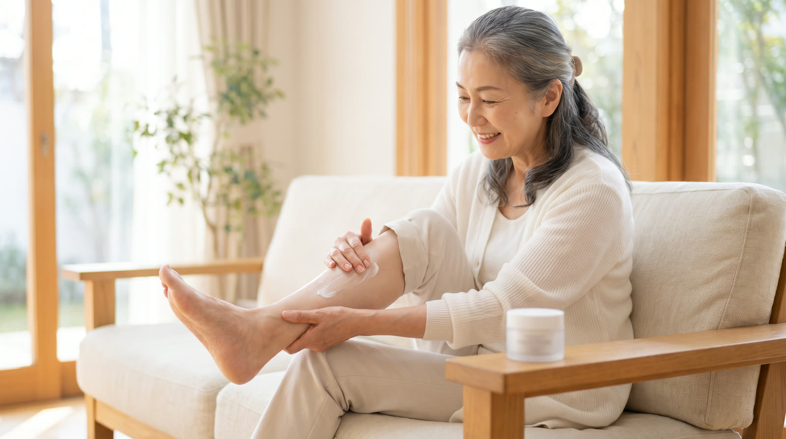 寝る前にふくらはぎと足の裏へクリームを塗り込む